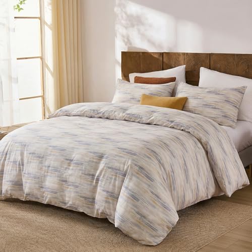 Herside Queen Duvet Cover Set,100% Cotton Double Gauze, Beige Blue