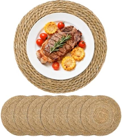 Set of 8 Round Woven Placemats, 13 Inch Rattan Chargers for Dinner