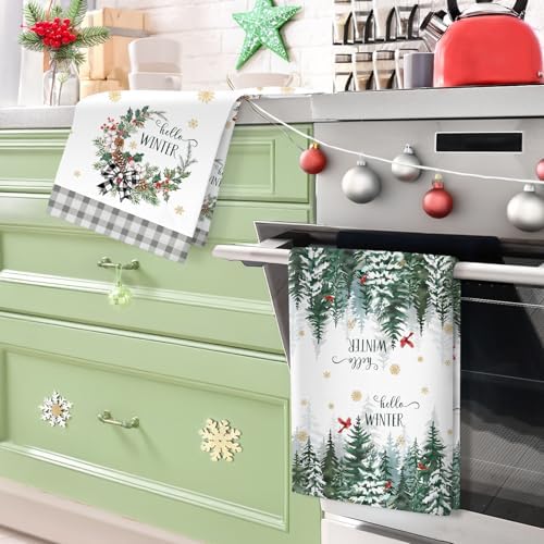 Winter Woodland Deer Tea Towels Set of 4, 100% Cotton