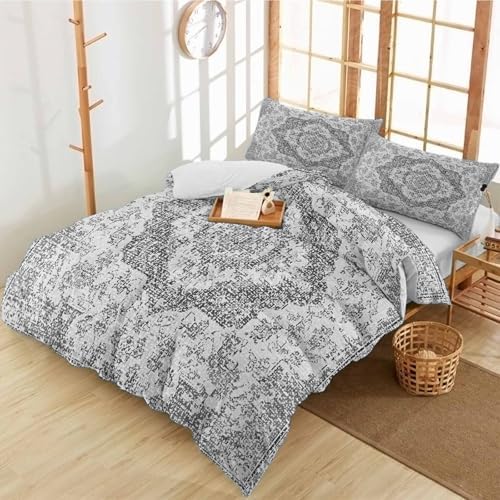 Duvet Cover Set Full, Gray Ethnic Flower Texture 3 Piece Bedding Set