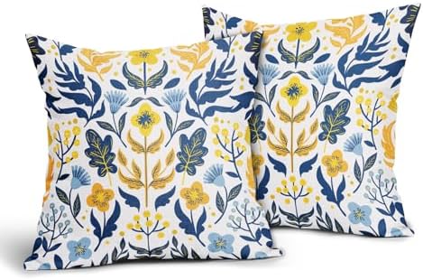 Blue Yellow Teal Floral Pillow Covers 22x22 Set of 2 Flower Flower