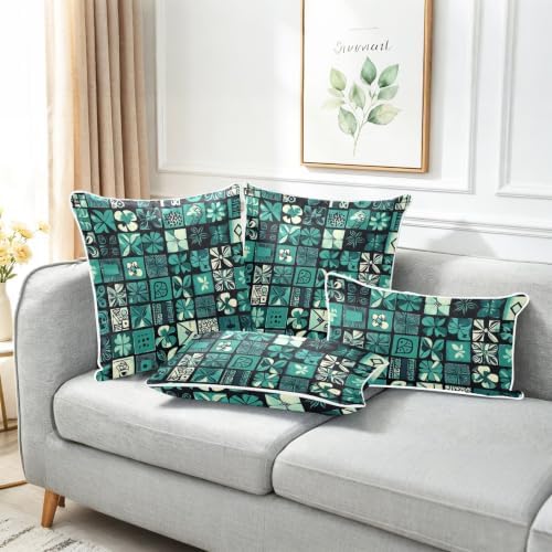 Tiles Floral Teal Throw Pillow Covers 20x20 Inch, 2-Pack Couch Pillow