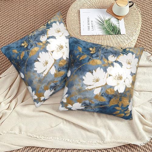 Blue Flower Throw Pillow Covers 20x20 inch Set of 2 Abstract Gold Leaf