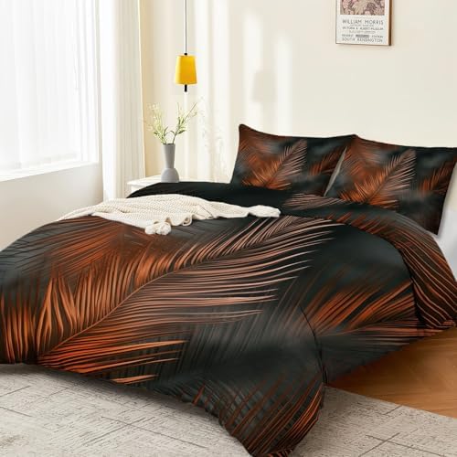 Breathable Reversible Duvet Cover Set, Plants Palm Leaves Lines