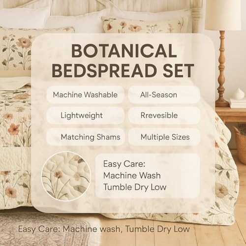 DaDa Bedding Enchanted Meadow Quilt Set Queen, Floral Bedspread Beige