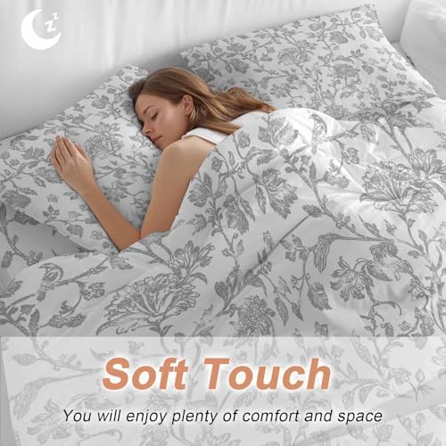 Boho Gray Flower Duvet Cover Set, Vintage Farmhouse Leaf Spring Plant
