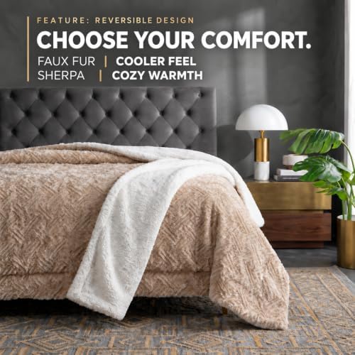 DaDa Bedding Faux Fur Throw Blanket, Beige Champagne, 90 x 90 in