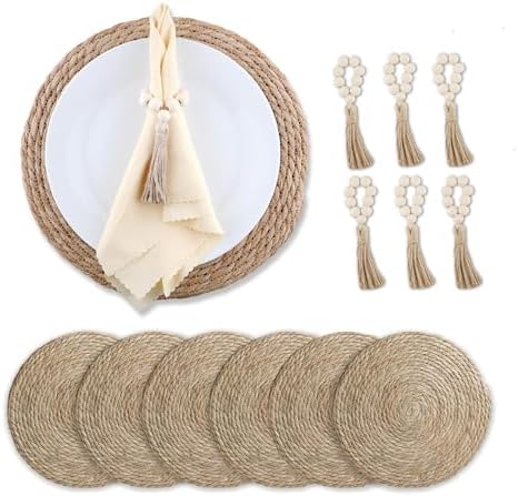 Boho Woven Placemats Set of 6 with Wooden Napkin Rings, 13" Natural