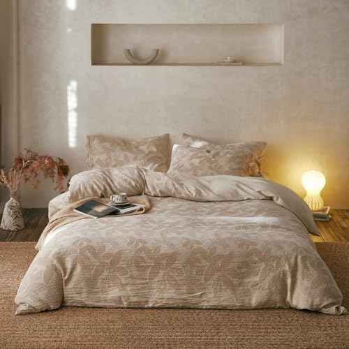 Linen Cotton Duvet Cover Full,Soft Breathable,Leaves Jacquard Textured