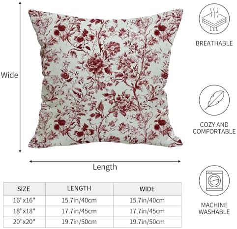 Spring Vintage Burgundy Red Floral Throw Pillow Covers 18x18 Set of 2