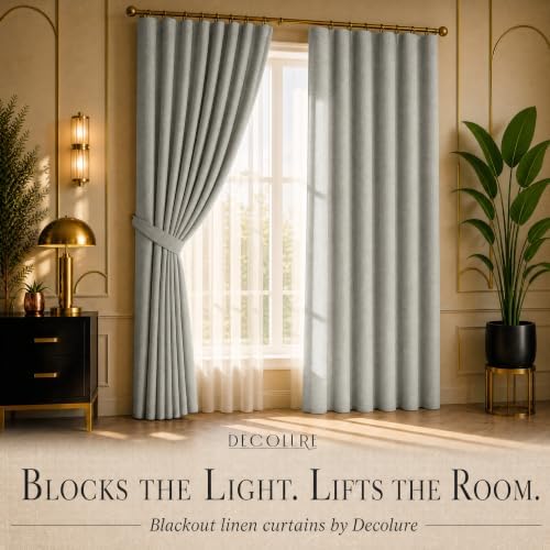 DECOLURE 100% Blackout Linen Curtains 63 Inches Long | Light Grey