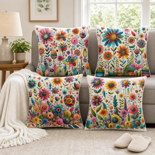 Abstract Colorful Wildflowers Throw Pillow Covers 20x20 Inch Set of 4