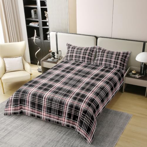 Manfei Tartan Grid Girls Bedding Set Twin Size 100% Cotton, Line Plaid