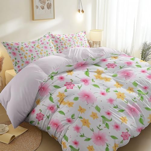 Duvet Cover King, Minimalist Cute Flowers Plants Leaves Bedding Set