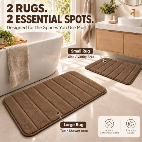 Beige Bathroom Rugs Set 2 Piece Memory Foam Bath Non-Slip Bath