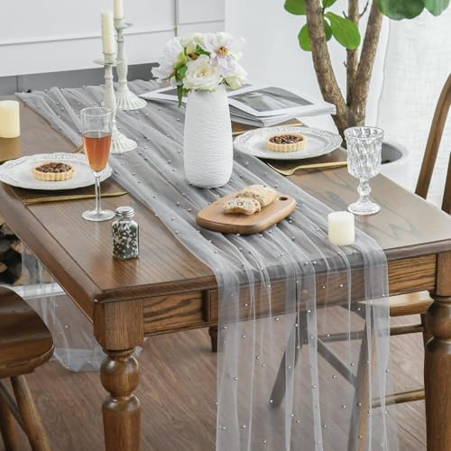 Artoid Mode Pearl Grey Gauze Table Runner 10FT Home Decor