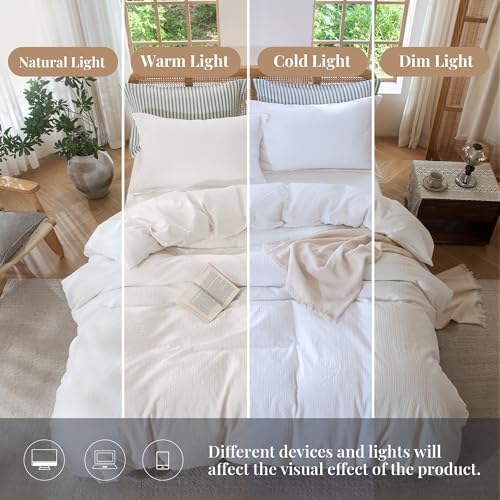MILDLY White Textured Duvet Cover Set 3pcs Dual Zipper Queen