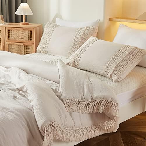 Beige Pillowcases, Macrame Tassel Pillow Cases Set of 2, 100% Washed