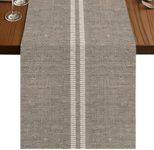 Cream Grain Line Table Runner 13 x 120 Inch Soft Taupe Woven Canvas