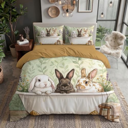 Sage Green Retro Bathtub Rabbit Duvet Cover Set for Women Girls 3 Pcs