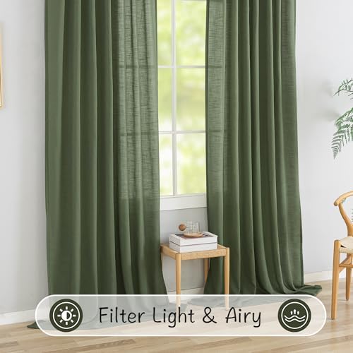 Olive Green Linen Back Tab Curtains 96 Inches Long 2 Panels Set for
