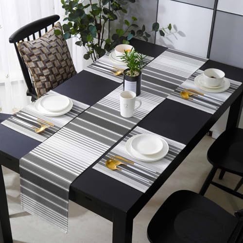 Minimalist Gray Stripe Table Runner and Placemats Set of 4 Farm