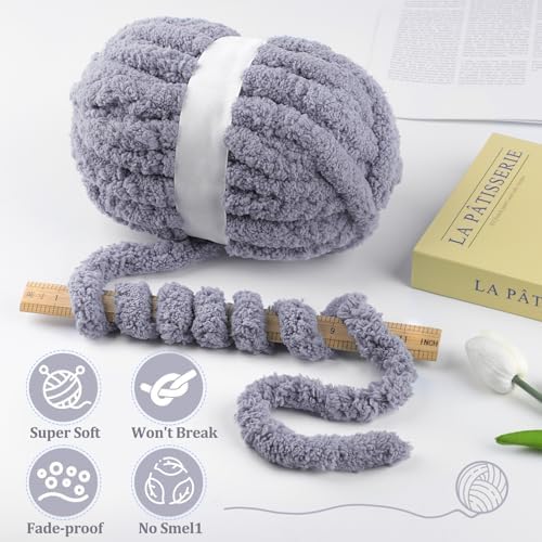 Gray Chunky Yarn for Hand Knitting - #10 Jumbo Chenille Yarn for