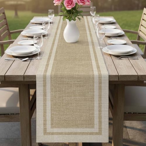 Beige Vintage Table Runner 108 Inches, Rustic Farmhouse Retro Art