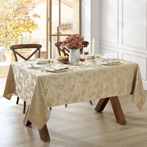 Elegant Woven Leaves Jacquard Damask Tablecloth, Taupe - 60" W x 102"