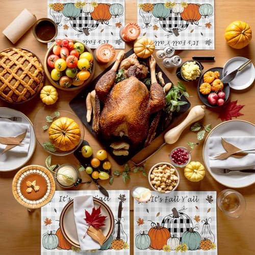 Fall Grey Placemats Set of 8,Cotton Linen Fabric Place