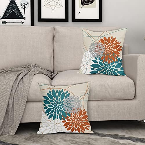Teal Orange Pillow Covers 20x20 Dahlia Flower White Gray Elegant