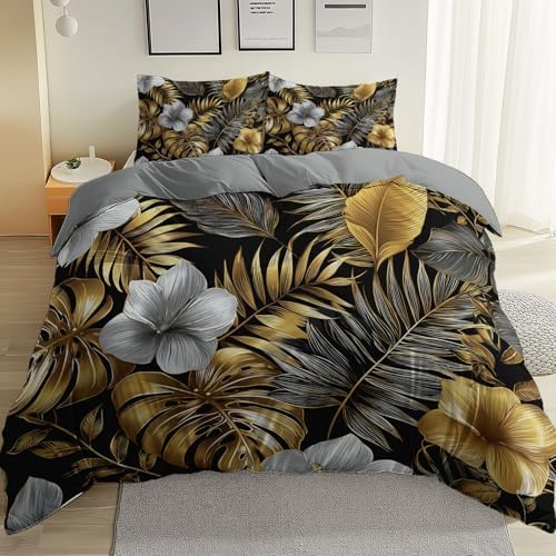 King Duvet Cover Set, Modern Flowers Leaves Elegant Reversible Design
