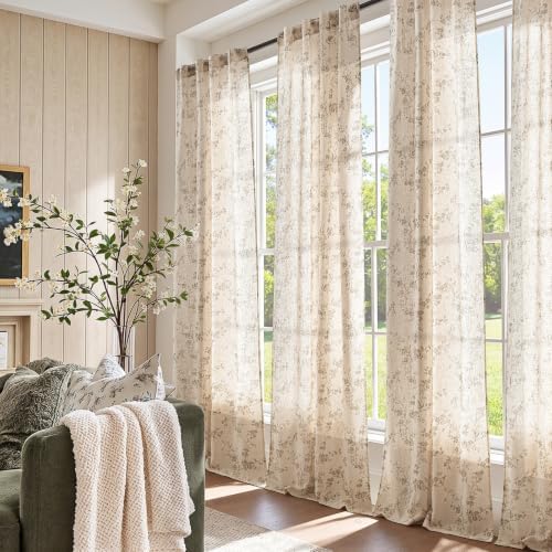 jinchan Taupe Floral Linen Curtains 108 Inch Farmhouse Back Tab 2