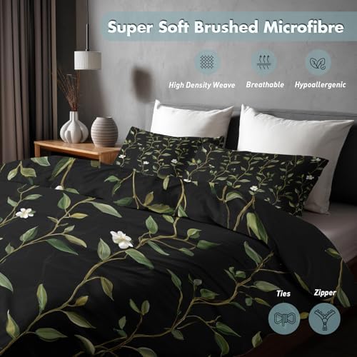 Botanical Duvet Cover King Size, Tree Stripe Floral Black Green