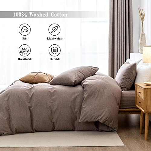 Queen Duvet Cover Set- 100% Washed Cotton 3 Pcs Soft Comfy Breathable