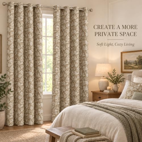 VOGOL Linen Textured Floral Grommet Curtains, W52 x L84, 2 Panels