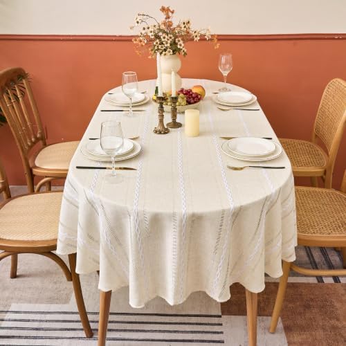 Beige Farmhouse Oval Tablecloth, 55×102 Inch Striped Linen Table Cloth