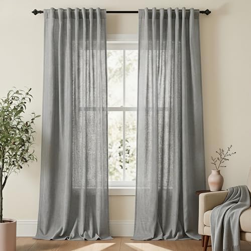 Mrs.Naturall Light Grey Linen Curtains 108 Inches Long, Back Tab 9 FT