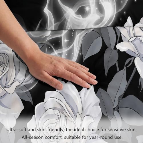 King Duvet Cover Set Plant White Rose Leaves Soft Microfiber