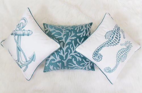 Embroidery Teal Velvet Coral Island Throw Pillow Cover,Ocean Series