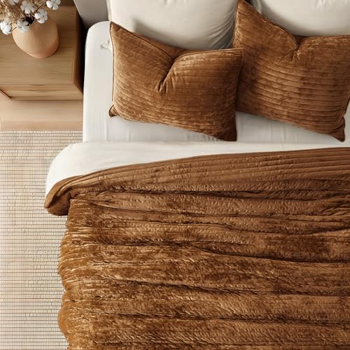 EverGrace Stripe Channel Luxury Velvet Quilt Set King Size, Dark Brown
