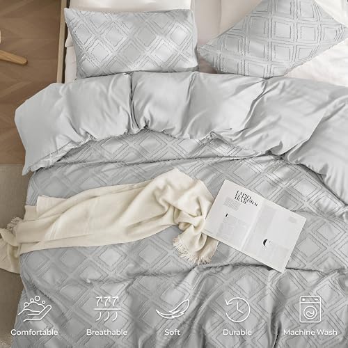 JELLYMONI Light Grey Grid Tufted Duvet Cover Set King Size