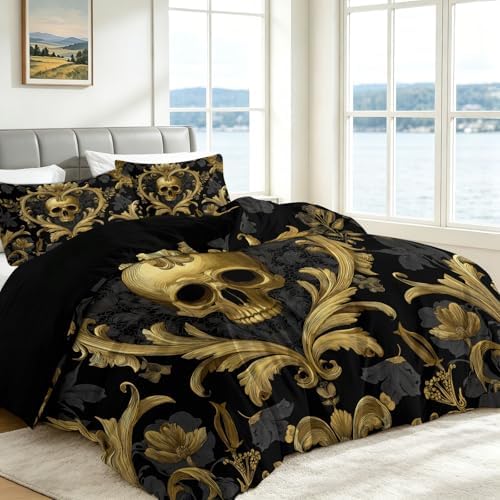 California King Duvet Cover Set Gothic Style Skull with Gold