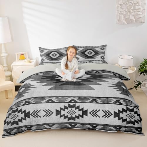 Gray Tribal Plaid Duvet Cover,Southwestern Style Ethnic Grid Bedding