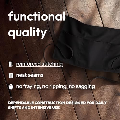 White Classic 12 Pack - Black Server Waist Aprons with 3 Pockets