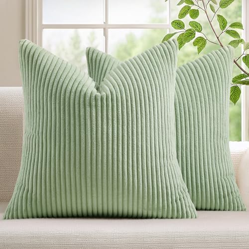 Mecatny Corduroy Decorative Throw Pillow Covers 22x22 Set of 2 Sage