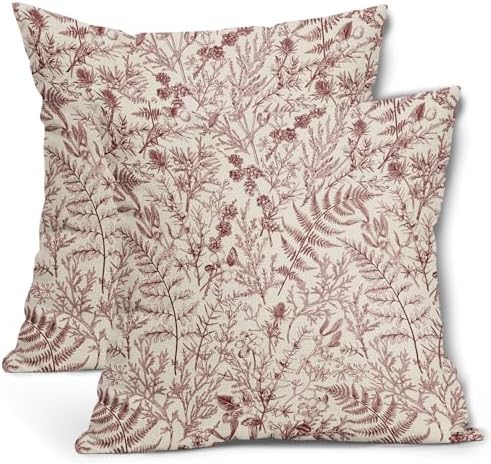 Burgundy Red Fern Leaves Pillow Covers 18X18 Inch Plant Leaf Floral