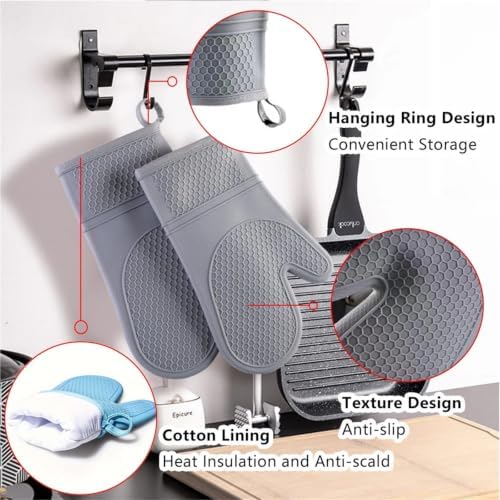 Silicone Oven Mitts with Cotton Lining, Flexible Non Slip Gloves for