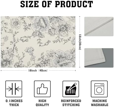 Grey Farmhouse Flowers Placemats Set of 4 Grey and Cream Floral Print