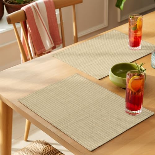 Woven Texture Placemats Set of 8, Beige Straw Weave Check Rustic
